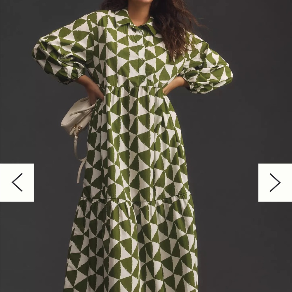 Maeve Green and White Bettina Midi Shirt Dress